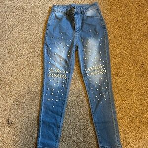 Women's Blue Embellished Pearl Jeans